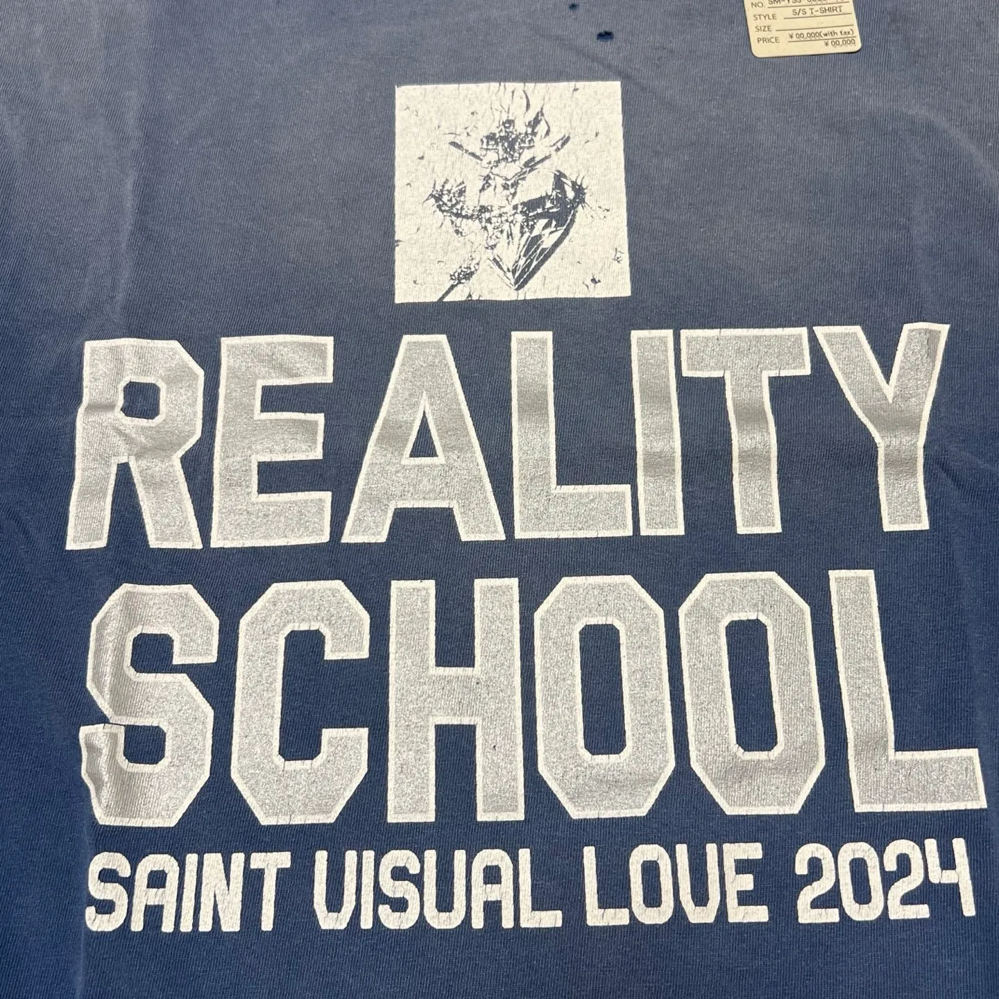 SAINT Mxxxxxx REALITY SCHOOL SS_TEE/NVY slogan distressed short-sleeves, washed blue S-XL, garment dyeing, horse fade, ultra-complex shearing and destruction treatment, correct version, cylindrical fabric, customized original consistent main mark/wash mark, original consistent silver powder printing, distressed treatment